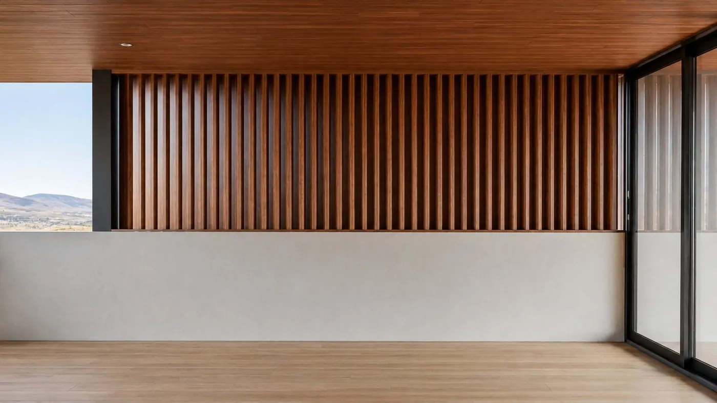 3D render of a modern hillside living room with a wood-slat feature wall and floor-to-ceiling glass, by Serrano Construction