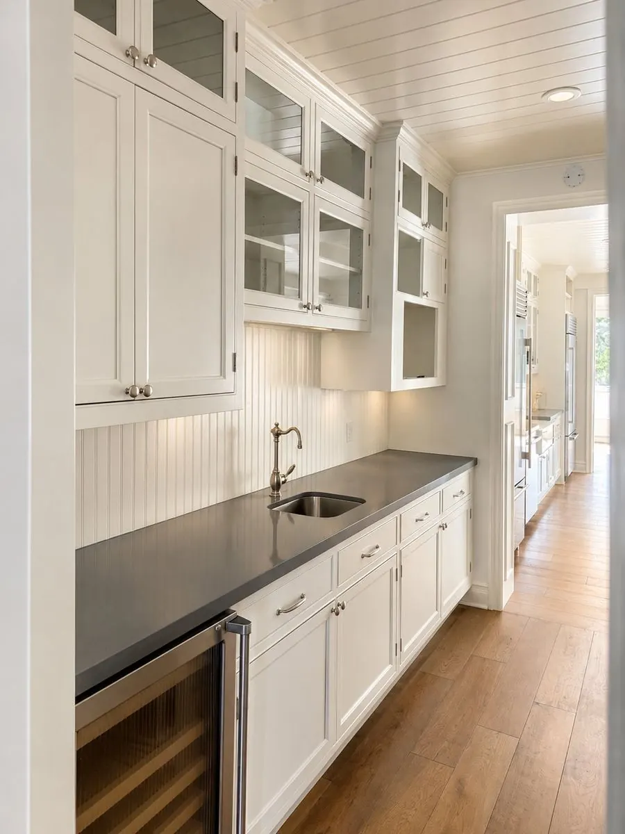 Completed butler's pantry with glass-front cabinetry and dark quartz counter opening to the kitchen, Lake Forest, CA by Serrano Construction