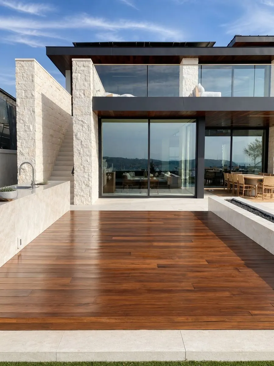 Completed modern hillside home exterior with stone, glass and an ipe wood deck in Laguna Niguel, CA by Serrano Construction
