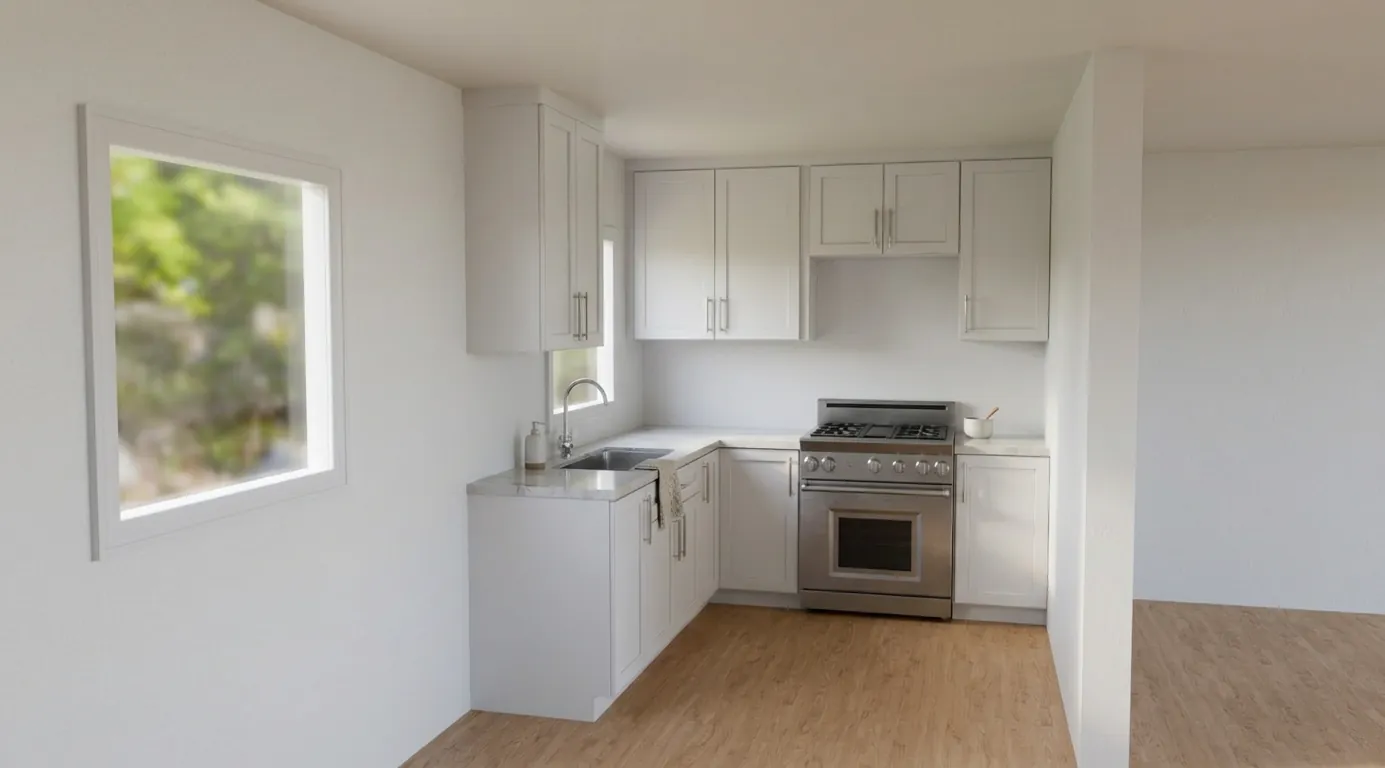 3D render of a compact white shaker kitchen with quartz counters and light wood flooring, by Serrano Construction